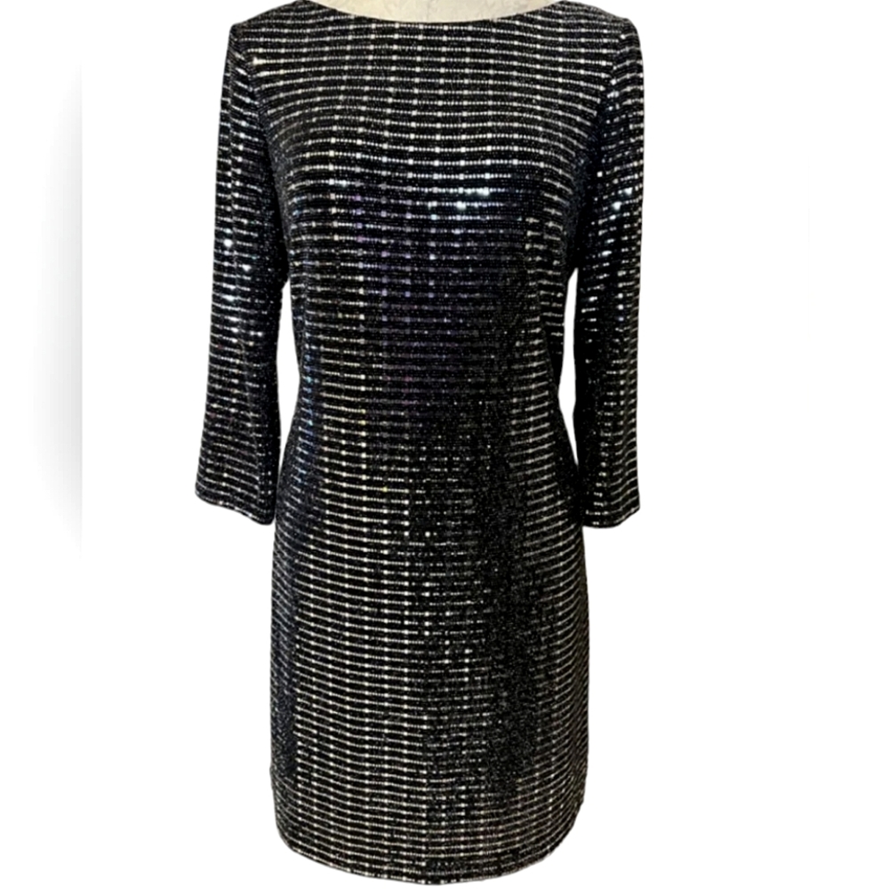 Jessica Howard Nwt Missy Black/Silver Mirror Sequin 3/4 Sleeve Cocktail Dress